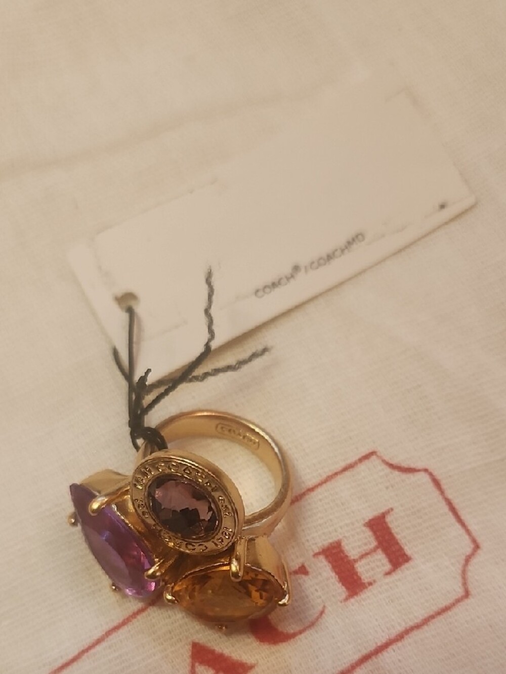 Coach Gold-Tone Ring with Purple and Amber Stones - Picture 3 of 9
